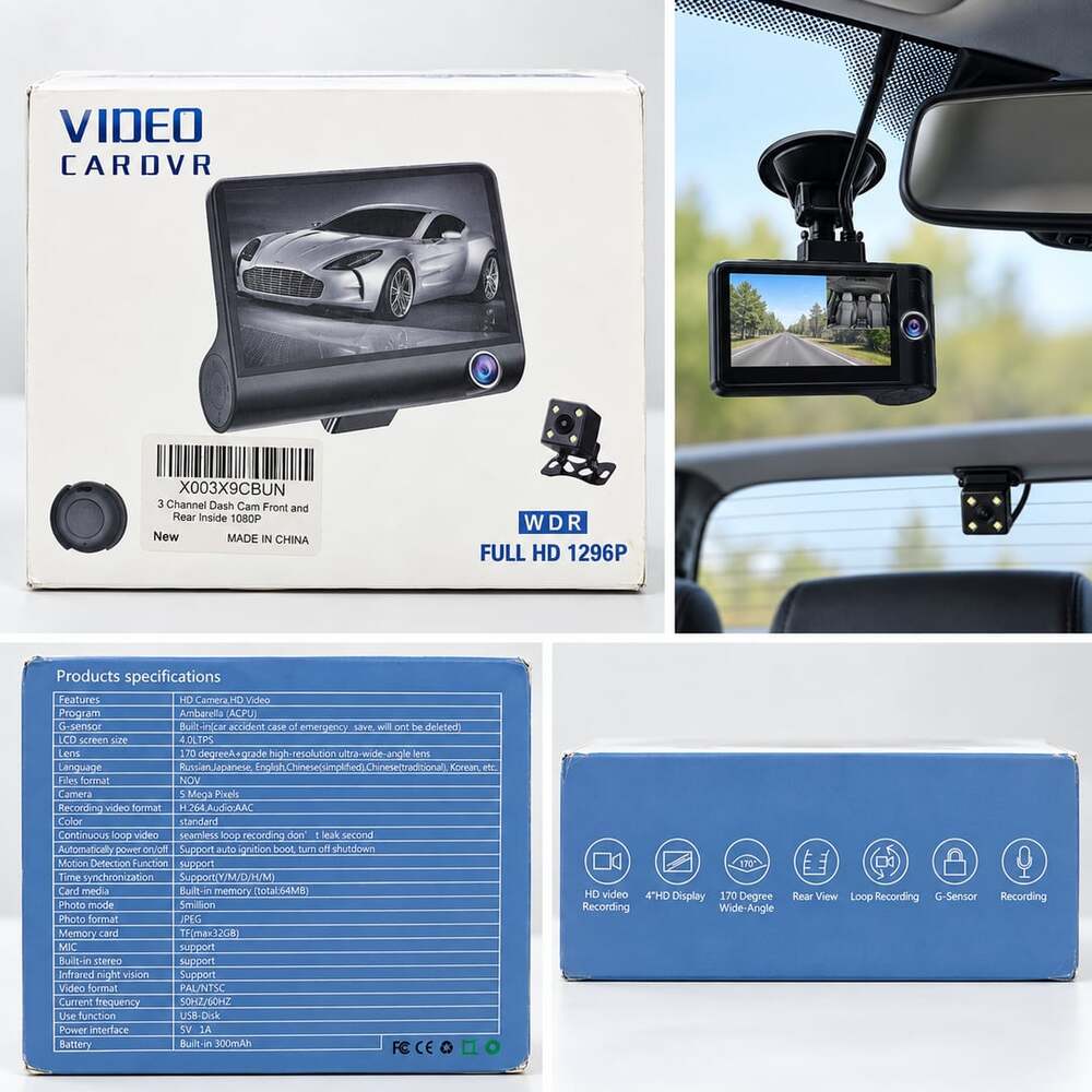 🚗 3-Channel 1080P Dash Cam Front Rear Interior 4” Screen New